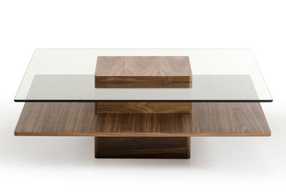 39" Clear and Brown Glass and Wood Pedestal Coffee Table With Shelf