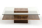 39" Clear and Brown Glass and Wood Pedestal Coffee Table With Shelf