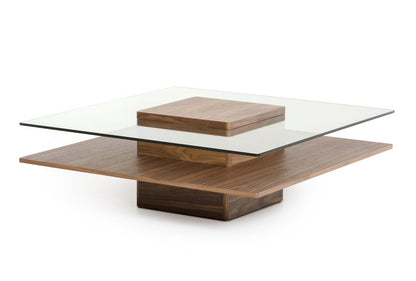 39" Clear and Brown Glass and Wood Pedestal Coffee Table With Shelf