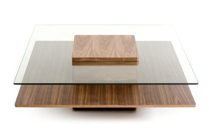 39" Clear and Brown Glass and Wood Pedestal Coffee Table With Shelf