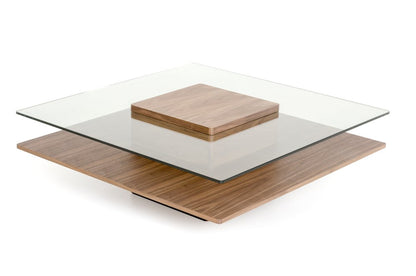 39" Clear and Brown Glass and Wood Pedestal Coffee Table With Shelf