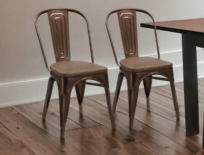 Set of Four Brown Upholstered Slat Back Dining Side Chairs