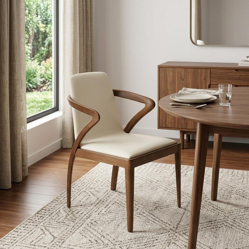Cream and Brown Upholstered Faux Leather Dining Arm Chair