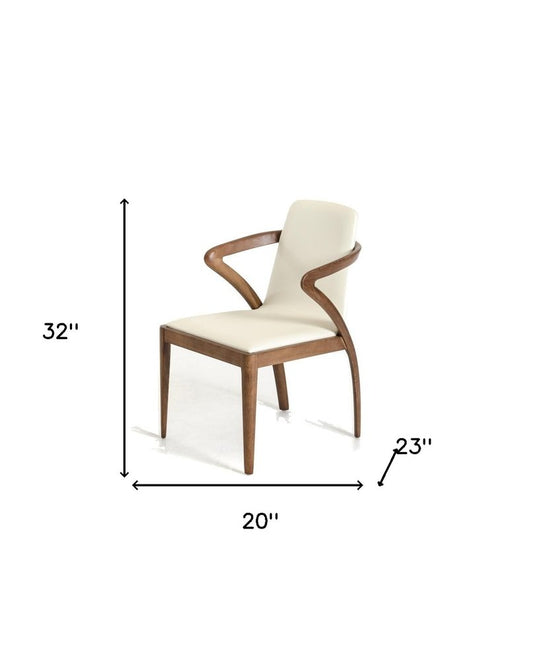 Cream and Brown Upholstered Faux Leather Dining Arm Chair