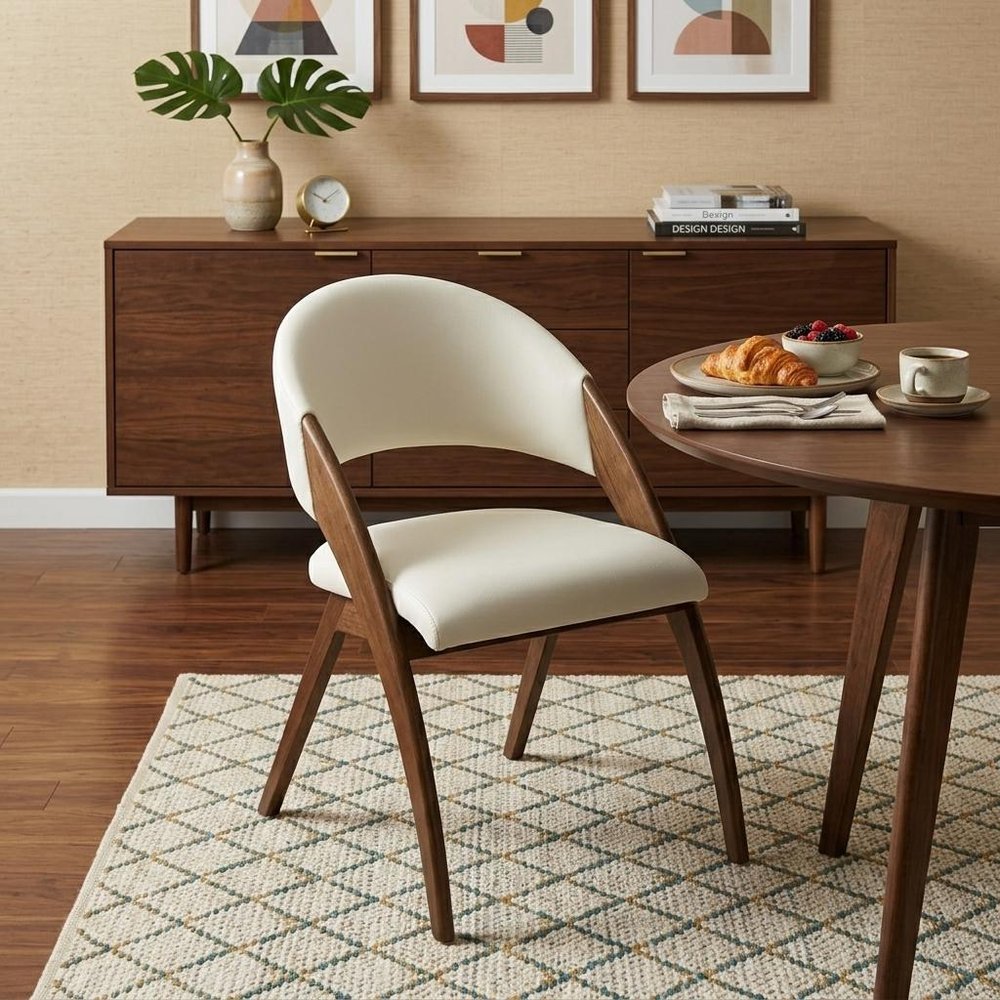 Set of Two Cream and Brown Upholstered Faux Leather Open Back Dining Arm Chairs
