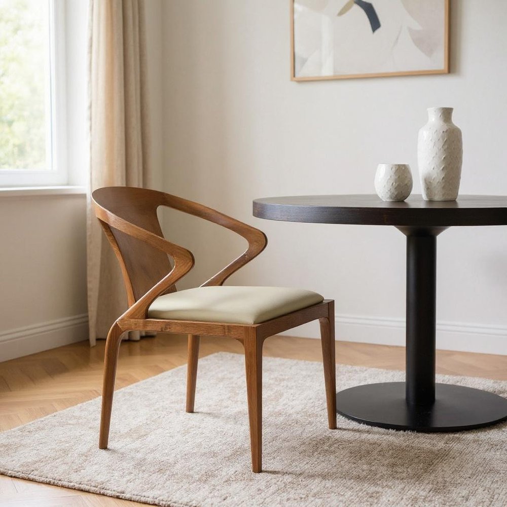 White and Brown Upholstered Faux Leather Curved Back Dining Arm Chair