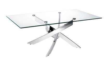 47" Clear and Silver Glass And Steel Cross Legs Coffee Table