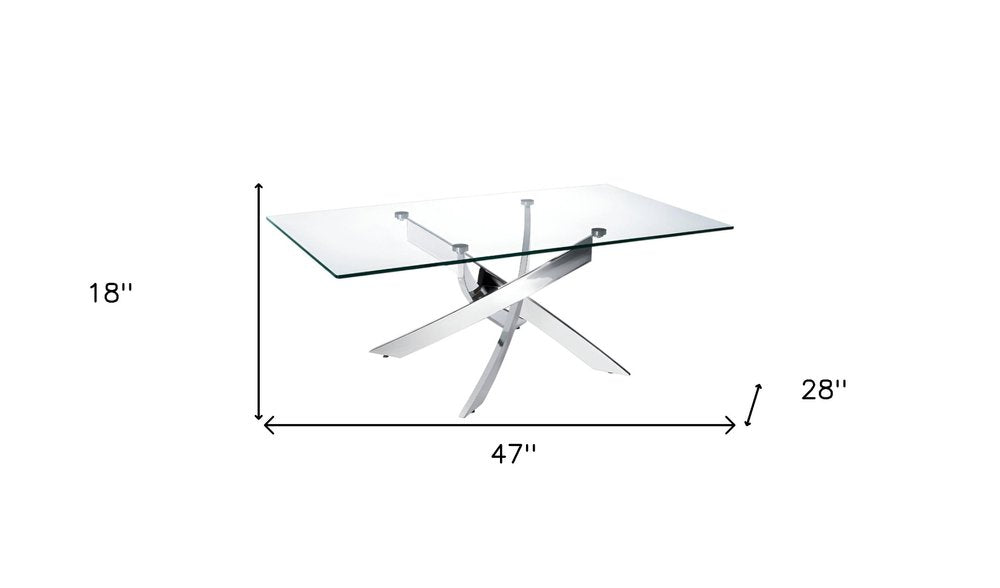 47" Clear and Silver Glass And Steel Cross Legs Coffee Table