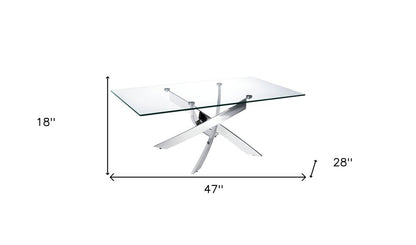 47" Clear and Silver Glass And Steel Cross Legs Coffee Table