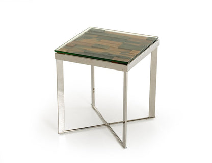 22" Silver and Brown Reclaimed Wood Glass and Steel Square End Table