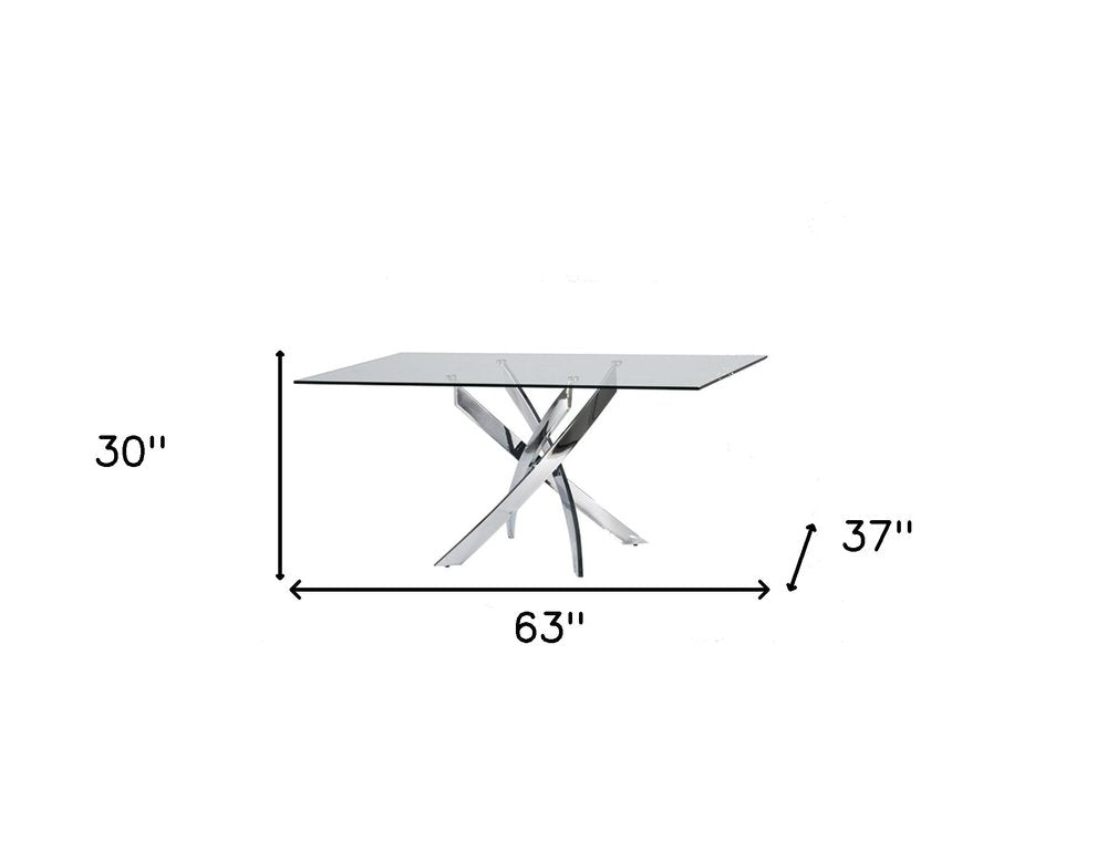 63" Clear And Silver Glass And Stainless Steel Pedestal Base Dining Table