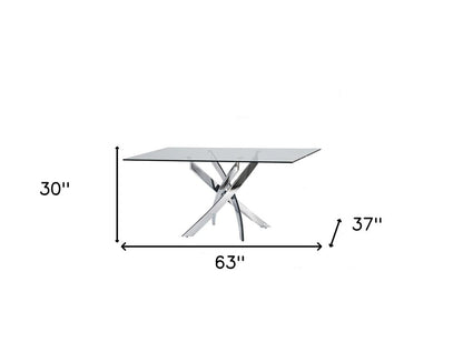63" Clear And Silver Glass And Stainless Steel Pedestal Base Dining Table