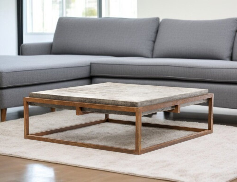 42" Dark Gray and Rust Concrete And Iron Square Abstract Coffee Table