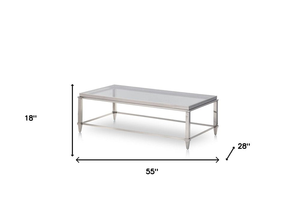 55" Clear and Silver Glass And Steel Coffee Table