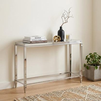 55" Silver Glass and Stainless Steel Frame Console Table