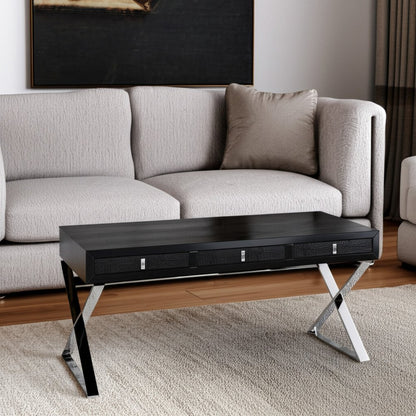 57" Black and Silver Wood And Stainless Steel Cross Legs Coffee Table With Three Drawers
