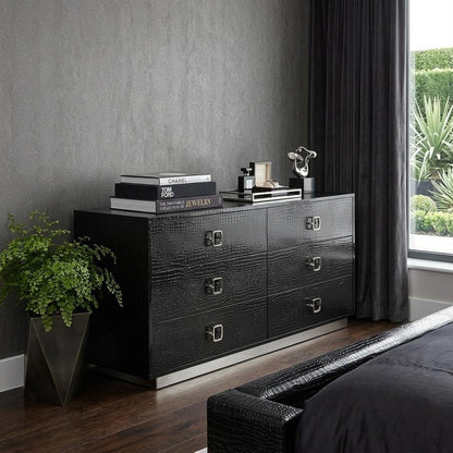63" Black Wood Six Drawer Double Dresser