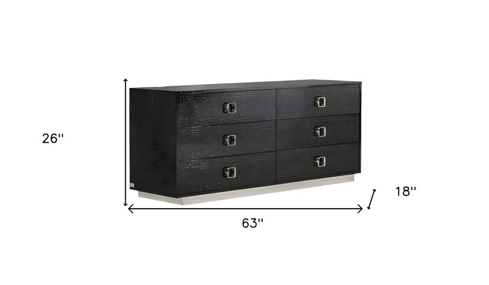 63" Black Six Drawer Shagreen Faux Croc Double Dresser