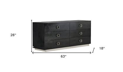 63" Black Six Drawer Shagreen Faux Croc Double Dresser
