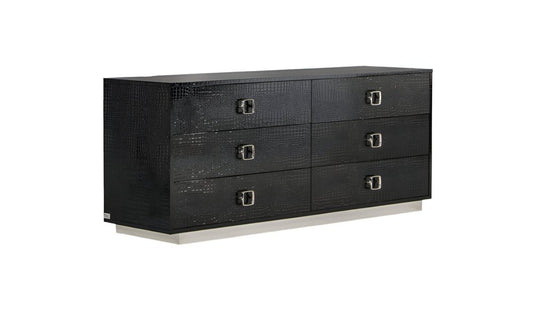 63" Black Six Drawer Shagreen Faux Croc Double Dresser