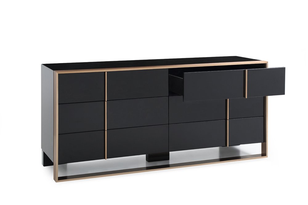55" Black And Gold Solid Wood Six Drawer Double Dresser