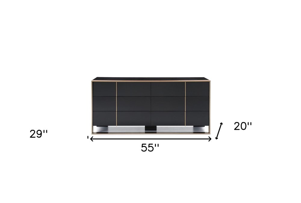 55" Black And Gold Solid Wood Six Drawer Double Dresser