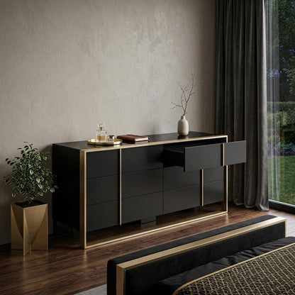 55" Black And Gold Solid Wood Six Drawer Double Dresser