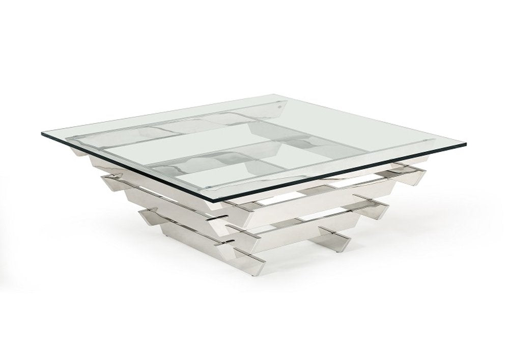 39" Clear and Silver Glass And Stainless Steel Square Sled Coffee Table With Shelf