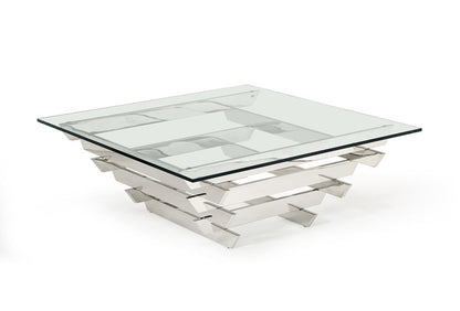 39" Clear and Silver Glass And Stainless Steel Square Sled Coffee Table With Shelf