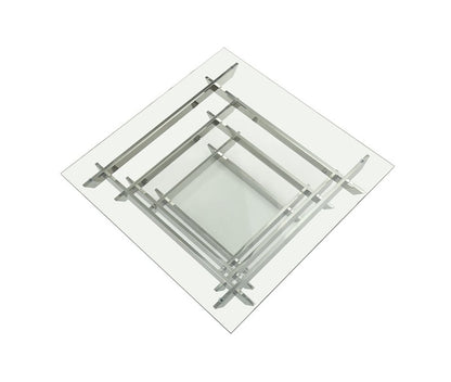 39" Clear and Silver Glass And Stainless Steel Square Sled Coffee Table With Shelf