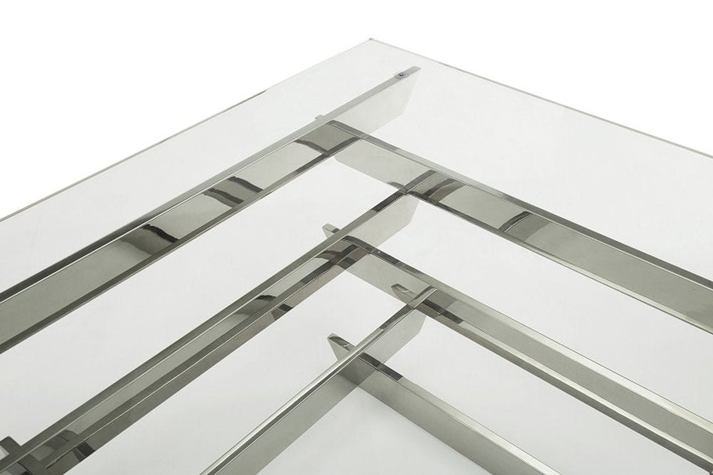 39" Clear and Silver Glass And Stainless Steel Square Sled Coffee Table With Shelf
