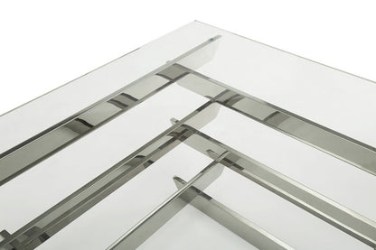 39" Clear and Silver Glass And Stainless Steel Square Sled Coffee Table With Shelf