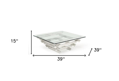 39" Clear and Silver Glass And Stainless Steel Square Sled Coffee Table With Shelf