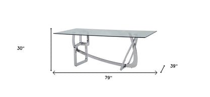 79" Clear And Silver Glass And Stainless Steel Trestle Base Dining Table