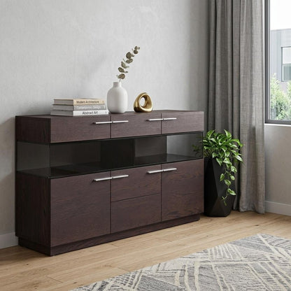 59" Brown Solid Wood Sideboard with Glass Doors