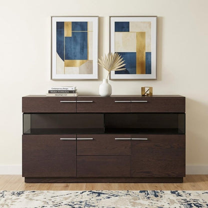 59" Brown Solid Wood Sideboard with Glass Doors