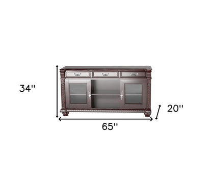 65" Dark Brown Solid Wood Enclosed and Open Storage TV Stand