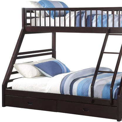 83" X 63" X 65" Espresso Pine Wood Twin Xl Over Queen Bunk Bed