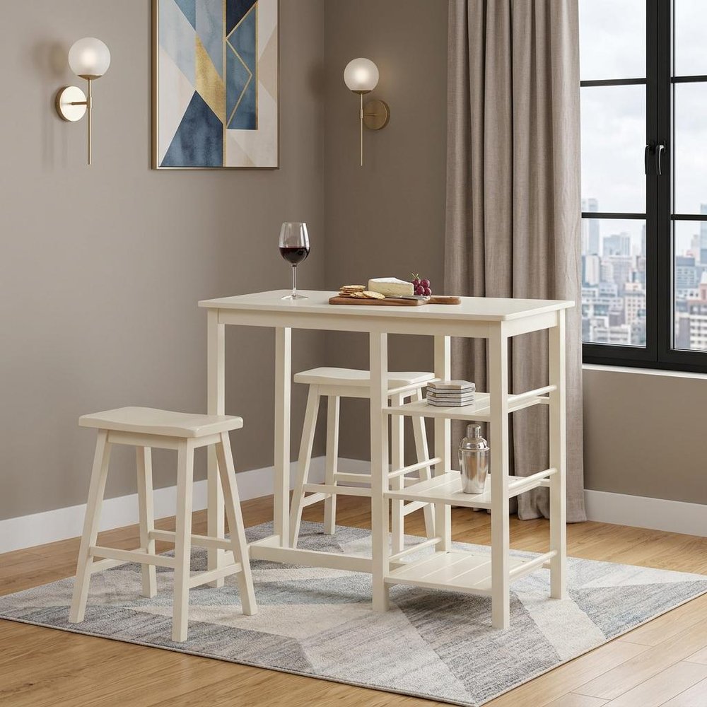 Three Piece Cream Solid Wood Counter Height Bar Table Set