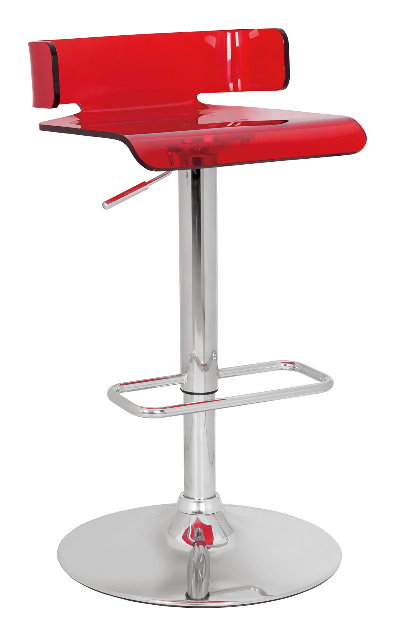 Red and Silver Acrylic and Metal Low Back Adjustable Height Bar Chair