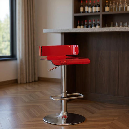 Red and Silver Acrylic and Metal Low Back Adjustable Height Bar Chair