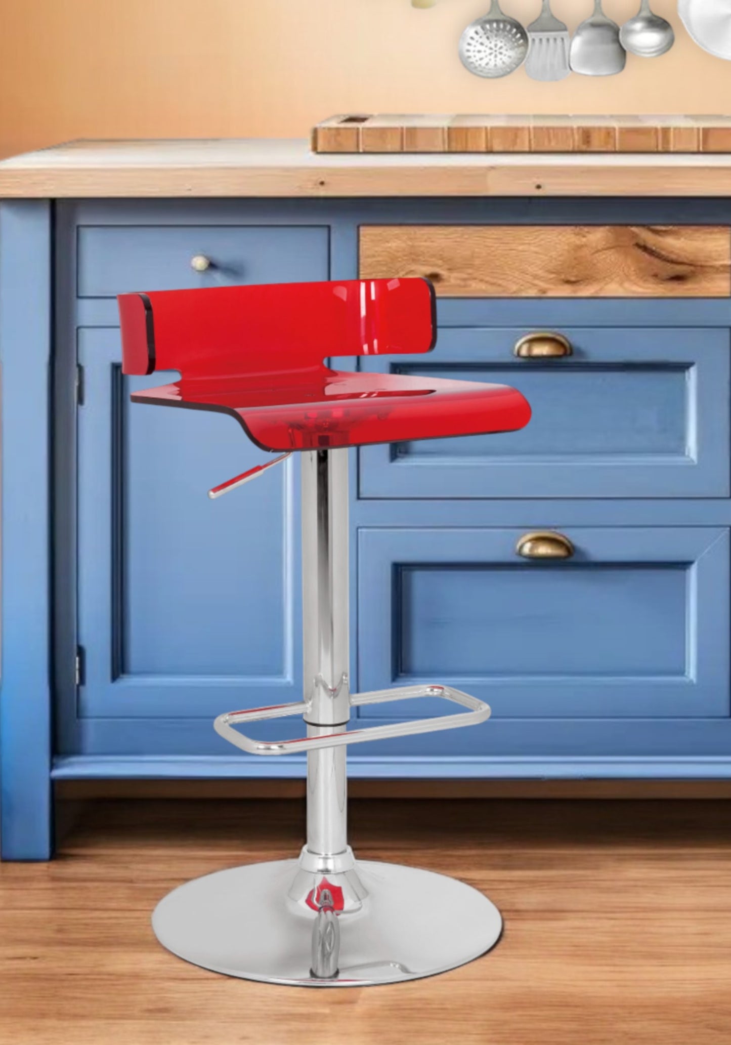 Red and Silver Acrylic and Metal Low Back Adjustable Height Bar Chair