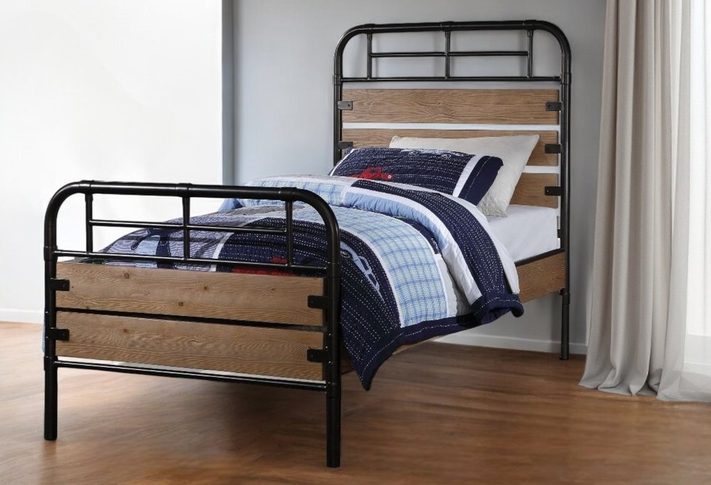 Black And Oak Shiplap Texture Wood and Metal Twin Bed Frame