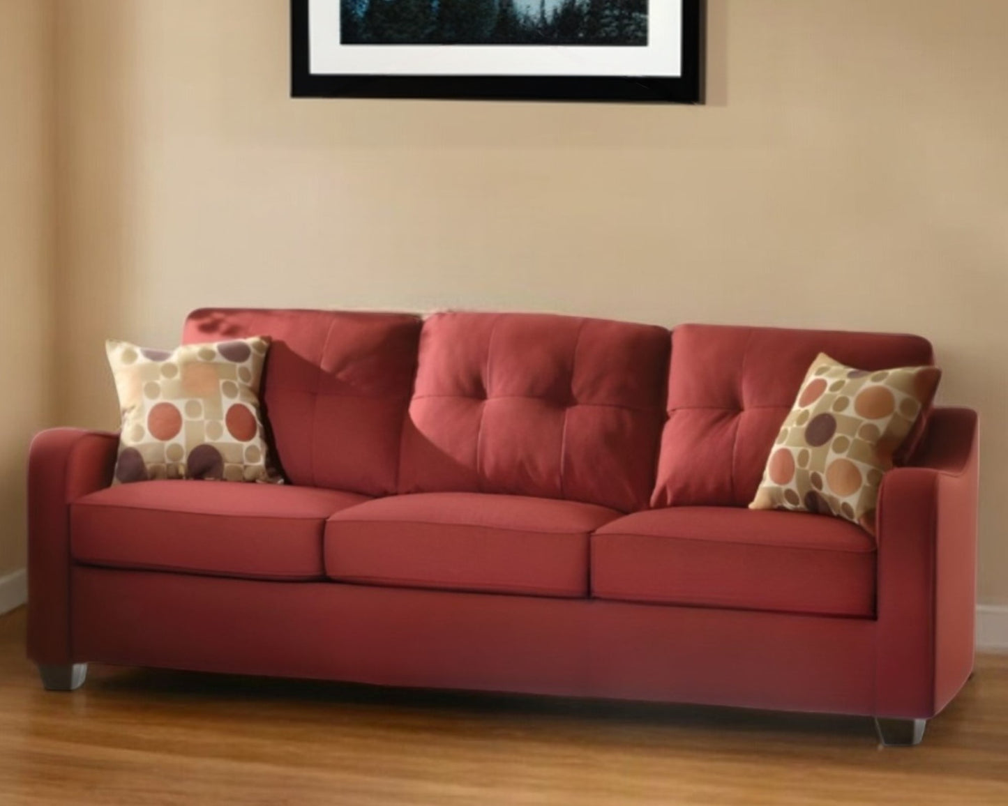 84" Red Linen Sofa And Toss Pillows With Chocolate Legs