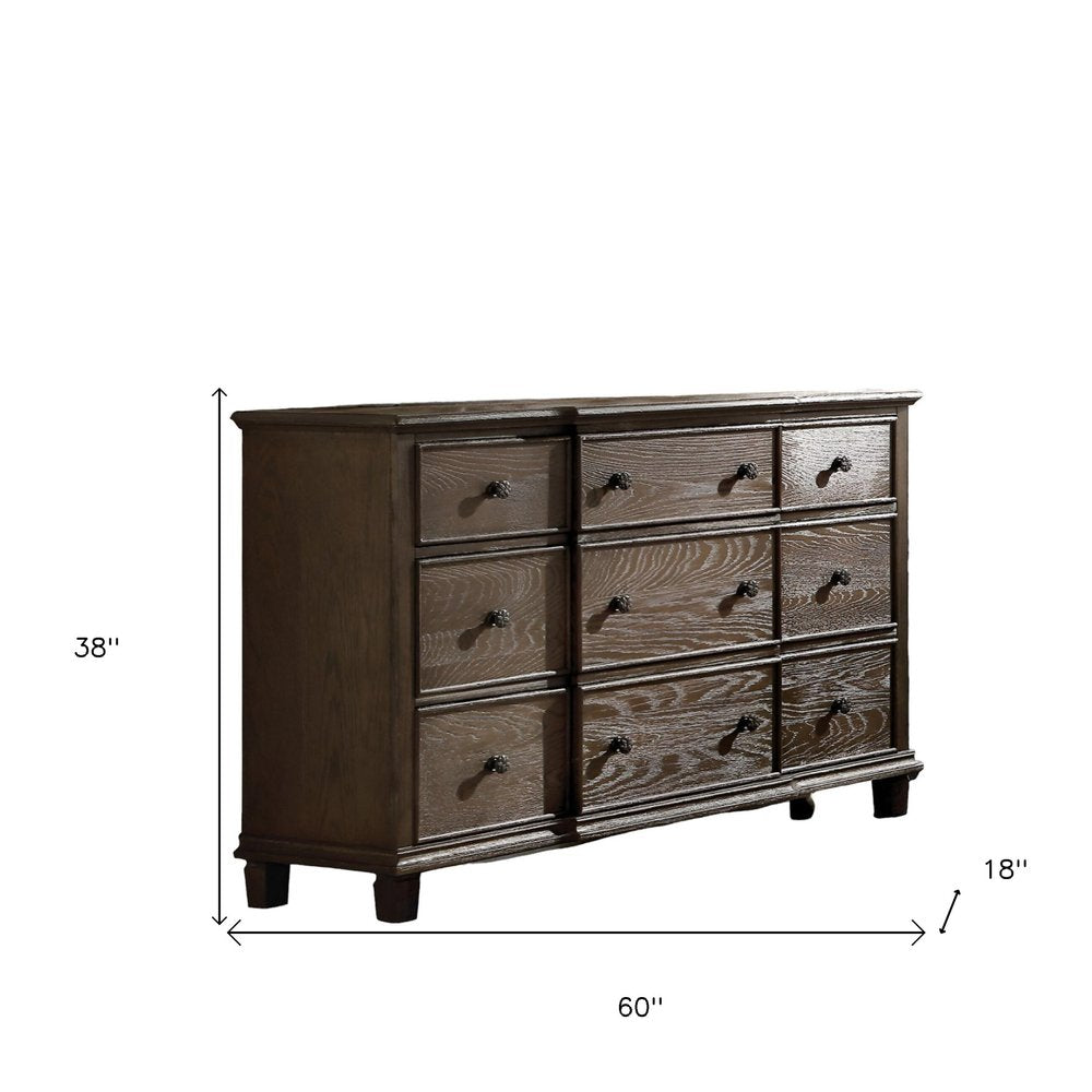 60" Dark Brown Solid Wood Nine Drawer Double Dresser