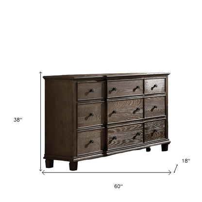 60" Dark Brown Solid Wood Nine Drawer Double Dresser