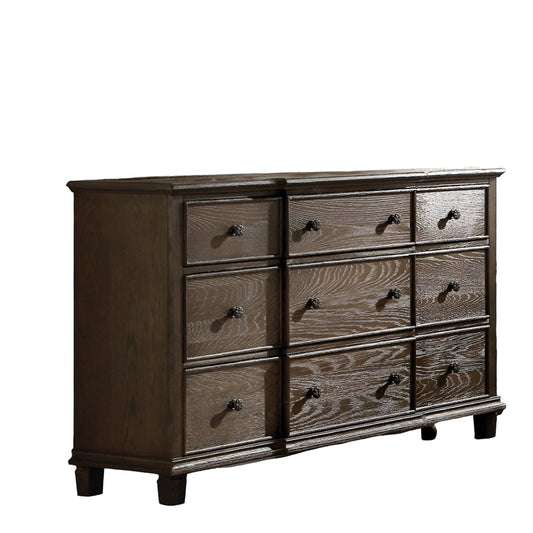 60" Dark Brown Solid Wood Nine Drawer Double Dresser