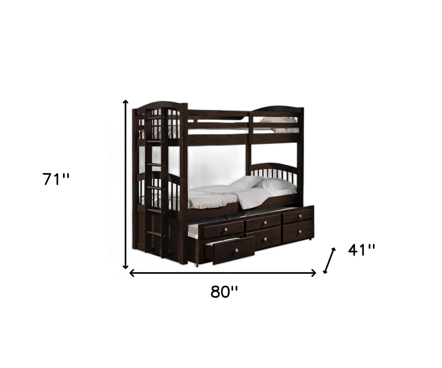 80" X 41" X 71" Espresso Twin Over Twin Bunk Bed And Trundle With 3 Drawers