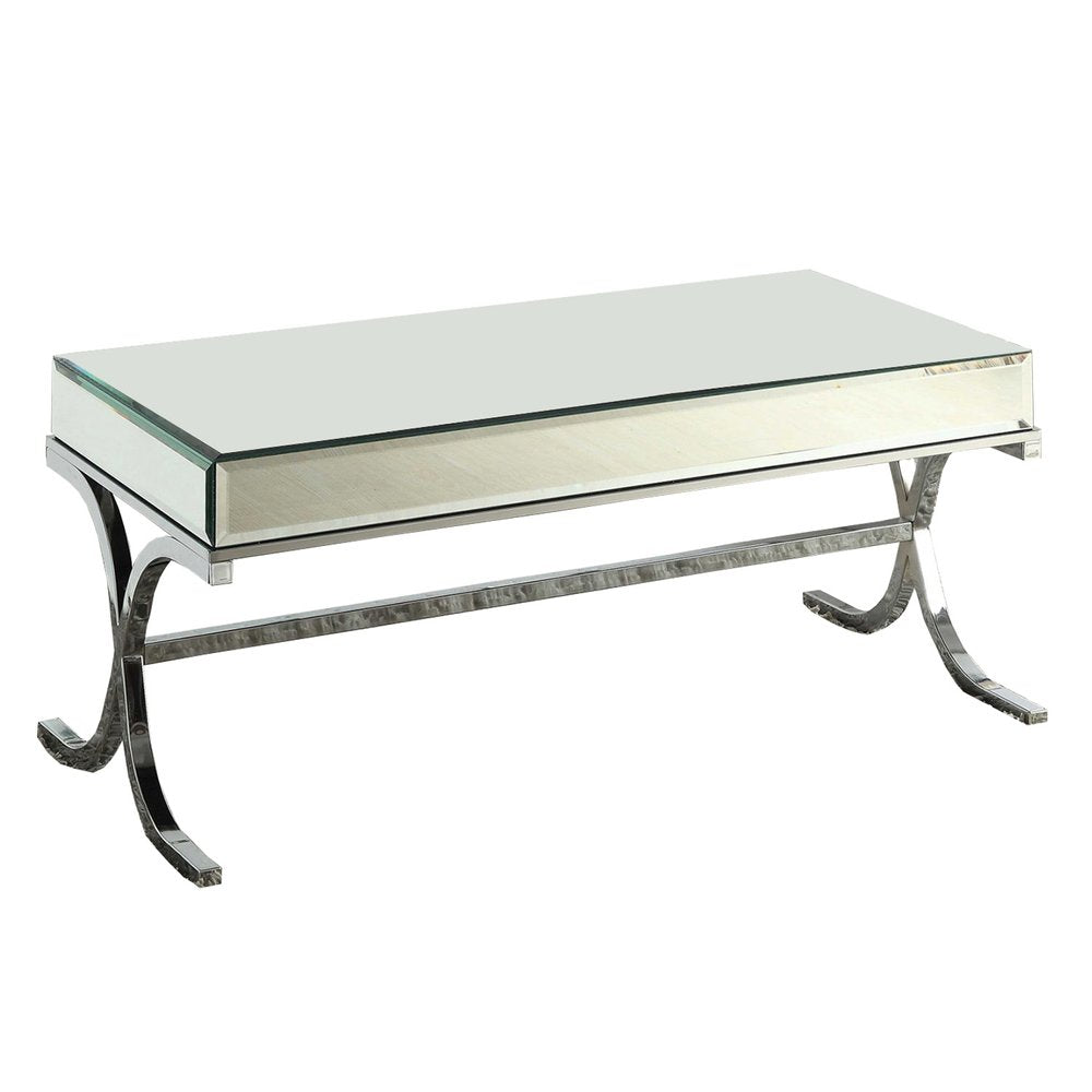 42" Clear and Silver Mirrored Glass And Iron Sled Coffee Table