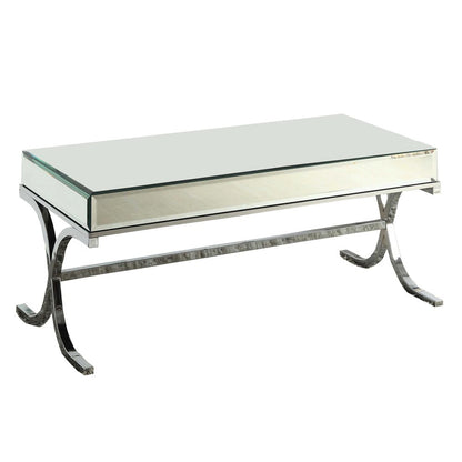 42" Clear and Silver Mirrored Glass And Iron Sled Coffee Table